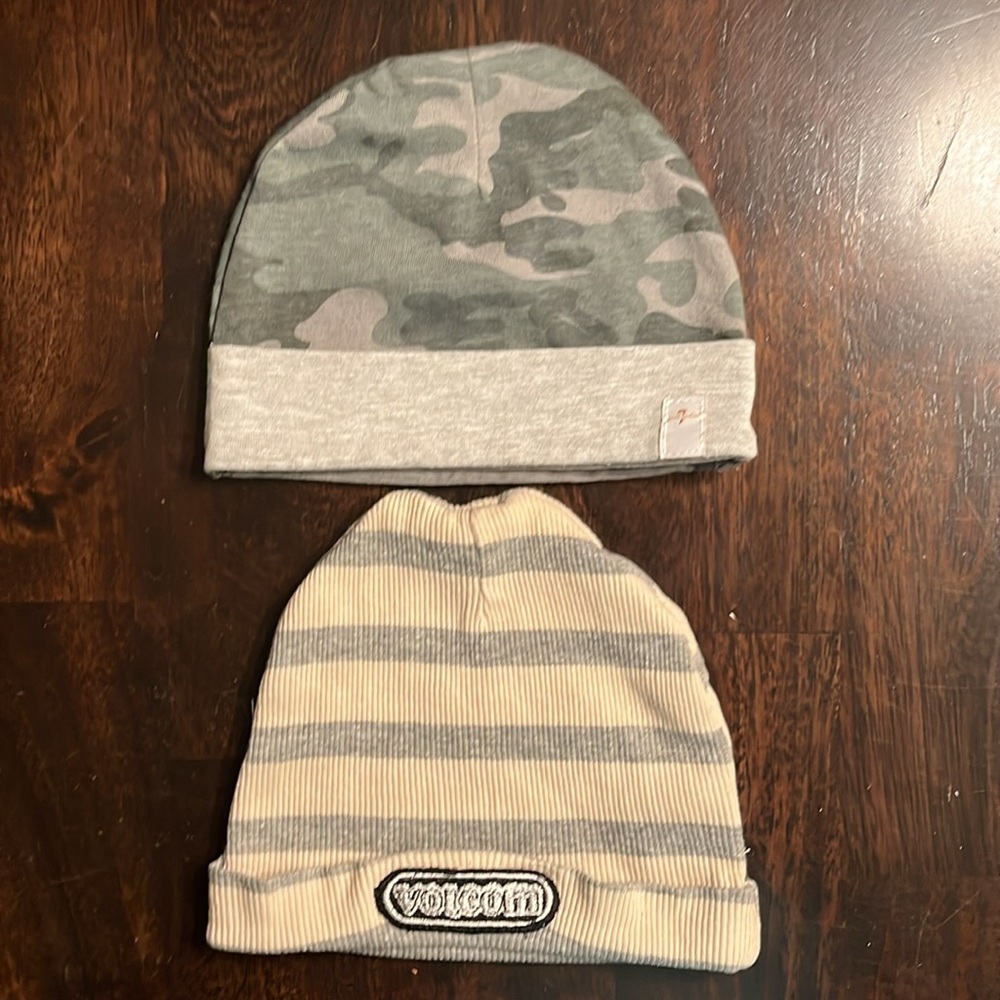 7 For All Mankind Baby Camo Beanie AND Volcom Striped Beanie BUNDLE